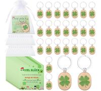 Namalu 24 Viel Glück Geschenke Set Inkl. 24 Kleeblätter Glücksbringer Schlüsselanhänger Holz Kleeblatt Glücksbringer 24 Kleeblatt Grußkarte 24 Organzabeutel für Frauen(Oval)