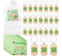 Namalu 24 Viel Glück Geschenke Set Inkl. 24 Kleeblätter Glücksbringer Schlüsselanhänger Holz Kleeblatt Glücksbringer 24 Kleeblatt Grußkarte 24 Organzabeutel für Frauen(Klassiker)