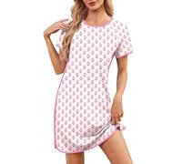 Namatime Nachthemd Damen Kurzarm Sommer Schlafshirt Printed Nightdress Nachtwäsche Blumen Schlafhemd Weiß (Rosa Blume) XXL