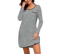 Namatime Nachthemd Damen Langarm Baumwolle Schlafshirt Gemütlich Streifen Nachthemden Mädchen Sleepshirt Knielang Nachtwäsche Grün PAT12 M