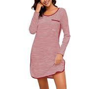 Namatime Nachthemd Damen Langarm Baumwolle Schlafshirt Gemütlich Streifen Nachthemden Mädchen Sleepshirt Knielang Nachtwäsche Rot PAT6 M
