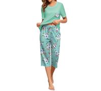 Namatime Schlafanzug Damen Kurz Pyjama Baumwolle Kurzarm Hemd und Caprihose Nachtwäsche Pjs Sets Zweiteiliger Hausanzug mit Taschen Grün Floral S