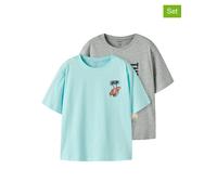 Kurzarmshirt NAME IT "NKMVAGNO 2P SS LOOSE TOP", Jungen, Gr. 122/128, grau melange pack:limpet shell, Jersey, Obermaterial: 100% Baumwolle, bedruckt, unifarben, loose fit normal, Rundhals, Shirts (376