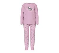 Schlafanzug NAME IT "NKFNIGHTSET CORSAGE HORSE NOOS", Kinder, Gr. 110 (116), rosa (corsage), Jersey, Obermaterial: 95% Baumwolle, 5% Elasthan, bedruckt, casual, regular fit knöchellang, Rundhals, Lang