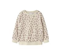 Sweatshirt NAME IT "NMFDAVINA LS SWEAT FLEECE BRU NOOS", Mädchen, Gr. 104, beige (summer sand aop:leo), Sweatware, Obermaterial: 66% Polyester, 30% Baumwolle, 4% Elasthan, bedruckt, normal normal, Run