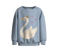 Sweatshirt NAME IT "NMFVALONA LS LONG RLX SWEAT UNB", Mädchen, Gr. 92, blau (subdued blau print:swan princess), Sweatware, Obermaterial: 100% Baumwolle, bedruckt, relaxed fit normal, Rundhals, Rippbün