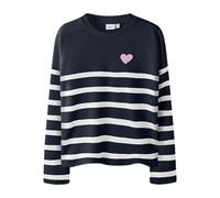 Strickpullover NAME IT "NKFLINE LS KNIT PS NOOS", Mädchen, Gr. 122/128, blau (cloud dancer stripes:schwarz sapphire, pink heart), Strick, Obermaterial: 80% Viskose, 16% Polyester, 4% Elasthan, gestrei