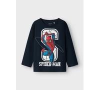Langarmshirt NAME IT "NMMNITIN SPIDER NREG LS TOP NOOS MAR", Jungen, Gr. 92, blau (schwarz sapphire), Jersey, Obermaterial: 95% Baumwolle, 5% Elasthan, bedruckt, normal hüftlang, Rundhals, abgesteppte