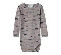 Langarmbody NAME IT "NBMWANG WOOL RIB LS BODY AOP NOOS", Jungen, Gr. 56, N-Gr, satellite aop:highway, Strick, Obermaterial: 100% Wolle, bedruckt, Rundhals, Bodys, aus reiner Merinowolle, weich und wär