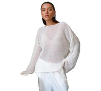 NAMLAY Damen-Sommerpullover, lockerer Schnitt, übergroß, langärmelig, durchsichtig, Netzstoff, Strickpullover, Tops, Urlaubs-Outfits (Weiß, Größe S), beige