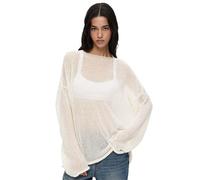 NAMLAY Damen-Sommerpullover, lockerer Schnitt, übergroß, langärmelig, durchsichtig, Netzstoff, Urlaubs-Outfits (gebrochenes Weiß, Größe S)