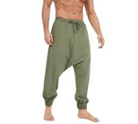 NANAMEEI Herren Wikinger Mittelalter Hose Leinen Haremhose Gothic Hose mit Elastikbund für Festival Alltag Grün XL