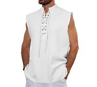 NANAMEEI Leinen Hemd Ärmelloses Sommer Schnürhemd Mittelalter Renaissance Hemd Weiß XL