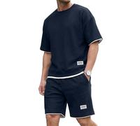 NANAMEEI Trainingsanzug Herren Sommer Waffle 2 Teiler Kurzarm Shirt Shorts Set Lockeres Freizeit Outfit Navy M