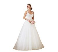 Nanger Damen A Linie Prinzessin Tüll Spitze Hochzeitskleider mit Abnehmbar Rock Brautkleider Lange Weiß 40