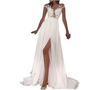 Nanger Damen Chiffon Spitze Hochzeitskleider Standesamt Lang mit Schlitz Brautkleider Boho Bohemian Strand Elfenbein 42