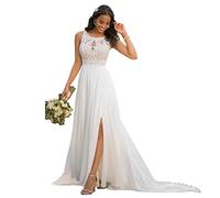 Nanger Damen Hochzeitskleider Standesamt Lang mit Schlitz Spitze Chiffon Brautkleider Strand Elfenbein 42