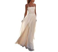 Nanger Damen Spitze Chiffon Boho Hochzeitskleider Standesamt Lange Brautkleider Strand Elfenbein 36