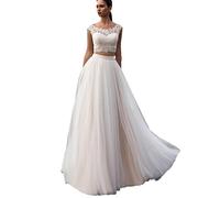 Nanger Damen Tüll Spitze Boho Bohemien Hochzeitskleider Zweiteilig Standesamt Lang Brautkleider Elfenbein 34