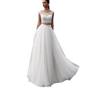 Nanger Damen Tüll Spitze Boho Bohemien Hochzeitskleider Zweiteilig Standesamt Lang Brautkleider Weiß 44