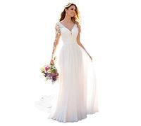Nanger Damen V-Ausschnitt Hochzeitskleider Lang Ärmel Spitze Chiffon Boho Brautkleider Weiß 42