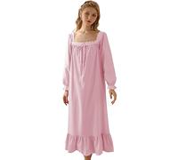 Nanxson Damen Baumwolle Nachthemd Vintage Viktorianischen Prinzessin Stil Nachtwäsche Kurz/Lange Ärmel Nachtkleid (XL,Langarm Rosa)