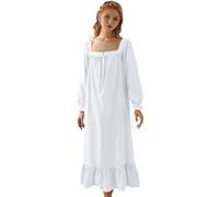 Nanxson Damen Baumwolle Nachthemd Vintage Viktorianischen Prinzessin Stil Nachtwäsche Kurz/Lange Ärmel Nachtkleid (XXL,Langarm Weiß)