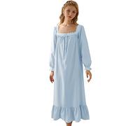 Nanxson Damen Baumwolle Nachthemd Vintage Viktorianischen Prinzessin Stil Nachtwäsche Kurz/Lange Ärmel Nachtkleid (M,Langarm Blau)