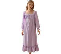Nanxson Damen Baumwolle Nachthemd Vintage Viktorianischen Prinzessin Stil Nachtwäsche Kurz/Lange Ärmel Nachtkleid (XL,Langarm Lila)