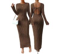 Narecte Herbstkleider für Damen, langärmelig, Maxikleid, rückenfrei, figurbetont, lässig, lang, formelles Kleid, Kaffee, Klein