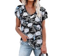 NARRAME Damen T-Shirts Sommer Flügelärmeln V-Ausschnitt Tops für Frauen Blumenmuster Blauweiß Groß L 42-44
