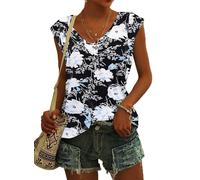 NARRAME T Shirt Damen mit Flügelärmel V Ausschnitt Top Damen Sommer Bluse Oberteile Leicht Lässig Blumenmuster Blauweiß Klein S 34-36