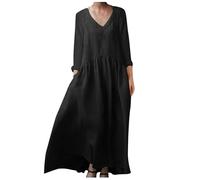 NARUPE Damen-Kleid, Bohemian-Stil, Baumwolle, Leinen, lockere Ärmel, Maxikleid, lang, einfarbig, trendiges Boho-Kleid mit Taschen, Schwarz , XXXXXL