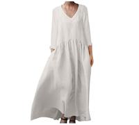 NARUPE Damen-Kleid, Bohemian-Stil, Baumwolle, Leinen, lockere Ärmel, Maxikleid, lang, einfarbig, trendiges Boho-Kleid mit Taschen, weiß, XXXXL