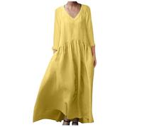 NARUPE Damen-Kleid, Bohemian-Stil, Baumwolle, Leinen, lockere Ärmel, Maxikleid, lang, einfarbig, trendiges Boho-Kleid mit Taschen, gelb, X-Large