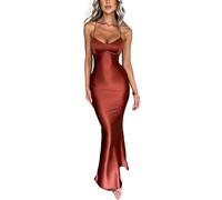 NARUPE Damen Slip-Maxikleid, ärmellos, offener Rücken, rückenfrei, Schnürung, Bandage, überkreuzt, Meerjungfrau, Satin, Partykleid, rust, L