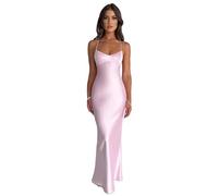 NARUPE Damen Slip-Maxikleid, ärmellos, offener Rücken, rückenfrei, Schnürung, Bandage, überkreuzt, Meerjungfrau, Satin, Partykleid, rose, Small