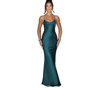 NARUPE Damen Slip-Maxikleid, ärmellos, offener Rücken, rückenfrei, Schnürung, Bandage, überkreuzt, Meerjungfrau, Satin, Partykleid, grün, Medium