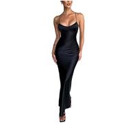 NARUPE Damen Slip Maxikleid Ärmellos Offener Rücken Rückenfrei Spitzenbandage Criss Cross Meerjungfrau Satin Partykleid (Schwarz, M)