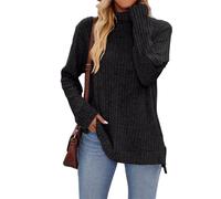 NARUPE Damen-Tunika, Rollkragen, langärmelig, seitlicher Schlitz, leicht, lässig, Herbst, Winter, Thermo-T-Shirts, Schwarz , XXL