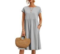 NARUPE Kleider für Damen 2024, lässiges Sommerkleid, Rundhalsausschnitt, Baumwollkleid mit Taschen, kurzärmelig, lockeres Midi-Hemdkleid, grau, Medium