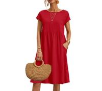 NARUPE Kleider für Damen 2024, lässiges Sommerkleid, Rundhalsausschnitt, Baumwollkleid mit Taschen, kurzärmelig, lockeres Midi-Hemdkleid, rot, Medium
