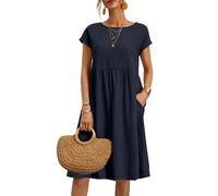 NARUPE Kleider für Damen 2024, lässiges Sommerkleid, Rundhalsausschnitt, Baumwollkleid mit Taschen, kurzärmelig, lockeres Midi-Hemdkleid, dunkelblau, Medium