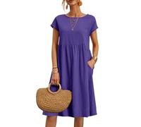 NARUPE Kleider für Damen 2024, lässiges Sommerkleid, Rundhalsausschnitt, Baumwollkleid mit Taschen, kurzärmelig, lockeres Midi-Hemdkleid, violett, Medium