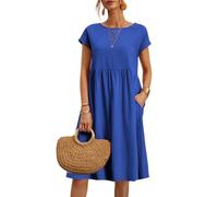 NARUPE Kleider für Damen 2024, lässiges Sommerkleid, Rundhalsausschnitt, Baumwollkleid mit Taschen, kurzärmelig, lockeres Midi-Hemdkleid, blau, L
