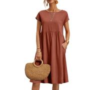 NARUPE Kleider für Damen 2024, lässiges Sommerkleid, Rundhalsausschnitt, Baumwollkleid mit Taschen, kurzärmelig, lockeres Midi-Hemdkleid, Orange, X-Large