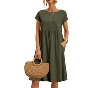 NARUPE Kleider für Damen 2024, lässiges Sommerkleid, Rundhalsausschnitt, Baumwollkleid mit Taschen, kurzärmelig, lockeres Midi-Hemdkleid, grün, L