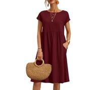 NARUPE Kleider für Damen 2024, lässiges Sommerkleid, Rundhalsausschnitt, Baumwollkleid mit Taschen, kurzärmelig, lockeres Midi-Hemdkleid, weinrot, Small