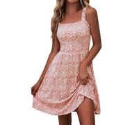 NARUPE Lässiges Sommerkleid, niedlich, Blumenmuster, quadratischer Ausschnitt, für Damen, 2024, mit Tasche, A-Linie, fließendes Strandkleid, Pink-b, Small