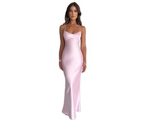 NARUPE Langes Kleid für Damen, ärmellos, offener Rücken, rückenfrei, Schnürung, Kreuzbandage, Meerjungfrau, Satin, Partykleid, Rosa, Large